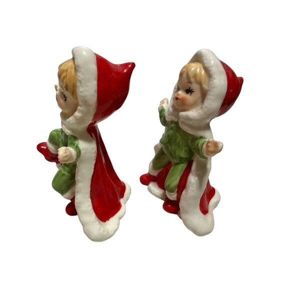 Christmas Pixie Girl Elf Cape Red Green Porcelain Holiday Vtg Figurines Japan - Picture 5 of 7